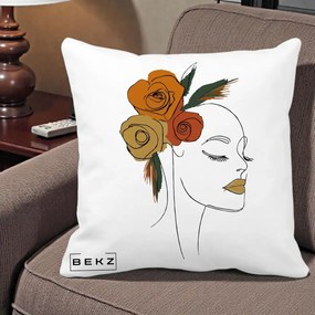Perna Decorativa Portret Feminin Trandafiri Ruginii, 40x40 cm, Alba Mata, Husa Detasabila, Perna Inclusa, BEKZ®