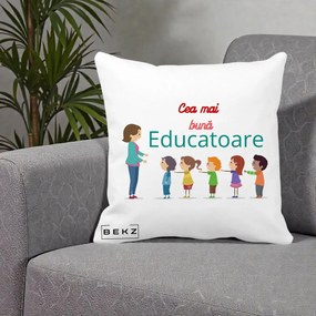 Cadou pentru Educatoare - Perna Personalizata Cea mai Buna Educatoare cu Ilustratie Copii si Educatoare, 40x40 cm, Alba Mata, Husa Detasabila, Perna Inclusa, BEKZ®