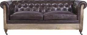 Canapea Chesterfield 2 locuri din piele naturală maro închis, cu cadru din lemn de mango și iută la vedere, pe roți, 80 x 190 x 77 cm, „Cassis”