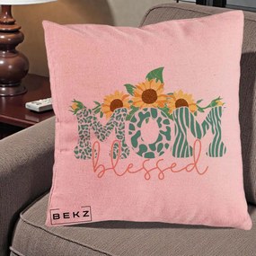 Cadou pentru Mama - Perna Personalizata Mom Blessed cu Floarea Soarelui Animal Print Teal, 40x40 cm, Roz, Husa Detasabila, Perna Inclusa, BEKZ®