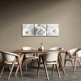 Tablou abstract cu flori albe (cu ceas) (90x30 cm)