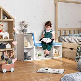 HOMCOM Biblioteca banc 2 in 1 cu 5 compartimente de depozitare si 2 perne 108 x 30 x 60 cm alb albastru | Aosom Romania