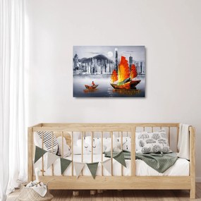 Tablou pe sticlă - Victoria Harbour, Hong Kong, pictură în ulei alb- negru (70x50 cm)
