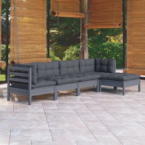 3096360 vidaXL Set mobilier de grădină cu perne, 5 piese, gri, lemn masiv pin