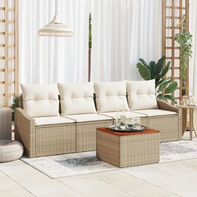 vidaXL Set de canapea de grădină, 5 piese, cu perne bej din rattan și lemn de acacia.
