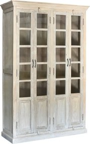 Vitrină mare din lemn masiv de mango cu 4 uși vitrate și 3 rafturi, finisaj décapé alb, 135×50×210 cm, „Vendôme"
