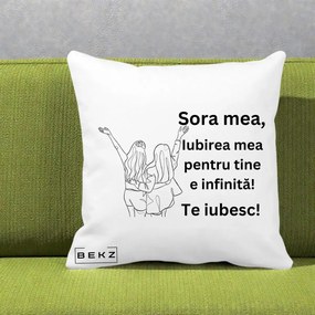 Cadou pentru Sora - Perna Personalizata Sora Mea Te Iubesc Line Art Doua Fete cu Brate Ridicate, 40x40 cm, Alba Mata, Husa Detasabila, Perna Inclusa, BEKZ®