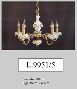 Lustra design italian cu 5 brate din alama si portelan colorat 9951