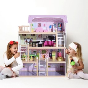HOMCOM Casă de Păpuși pentru Copii 3+ Ani din Lemn de Pin și MDF cu 4 Etaje și 13 Accesorii, 60x30x80 cm, Roz | Aosom Romania