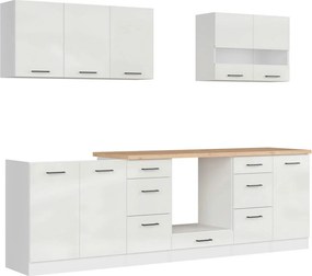 Set bucatarie JUNONA LINE, alb lucios, PAL, 260 cm, cu blat stejar art