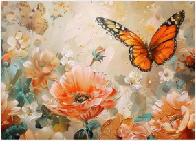 Tablou - Fluture și flori, pictură în ulei (70x50 cm)