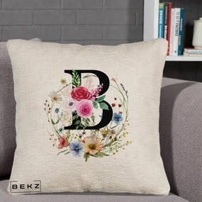 Cadou Personalizat - Perna Personalizata Monogram Litera B cu Flori Acuarela, 40x40 cm, Bej Canapea, Husa Detasabila, Perna Inclusa, BEKZ®