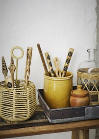 Set 2 linguri pentru salată din lemn de mango sculptat manual și bambus, L26 cm, „Bamboo Salad Set Black"