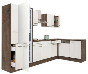 Mobilă de bucătărie de colț Yorki 310, corp din stejar Yorki, față alb satinat, frigider sub blat