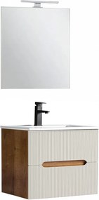 Trent mobilier de baie 60 cm ceramică chiuvetă (2 sertare) cu oglindă 60x80 cm sunset stejar-alb