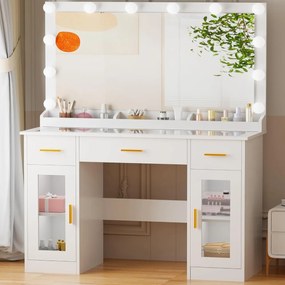Masuta machiaj cu Oglinda LED si 3 Sertare pentru Cosmetice, Set Masa toaleta 110 cm, Alb, masuta cosmetica, vanity - SEA2