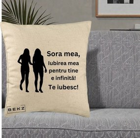Cadou pentru Sora - Perna Personalizata Sora Mea Te Iubesc Siluete Negre Tinand Maini, 40x40 cm, Bej, Husa Detasabila, Perna Inclusa, BEKZ®
