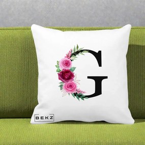 Cadou Personalizat - Perna Personalizata Monograma Florala Litera G, 40x40 cm, Alba Mata, Husa Detasabila, Perna Inclusa, BEKZ®