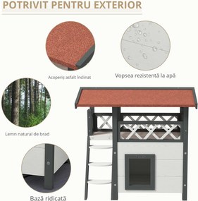 PawHut Căsuță pentru Pisici de Exterior cu Terasa și Scară, Adăpost pentru Pisici și Animale Mici din Lemn, 77x50x73 cm, Alb