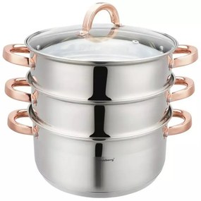 Oala pentru gatit la aburi Klausberg KB 7735, 24 cm, 5 L, 4 piese, Inductie, Inox/Aur roz