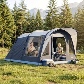 Outsunny Cort de Camping Tunel pentru 2-4 Persoane, Înălțime 213cm, cu 2 Camere, Cort Familial Impermeabil 3000mm cu Verandă, Ferestre, Buzunare, Cârlig și Geantă de Transport, Bleumarin | Aosom Romania
