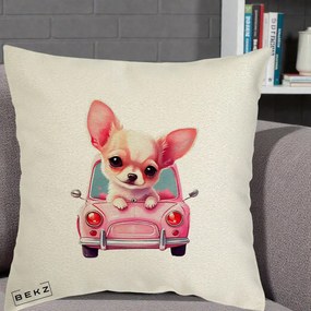 Perna Decorativa Chihuahua Roz in Masinuta, 40x40 cm, Ecru, Husa Detasabila, Perna Inclusa, BEKZ®