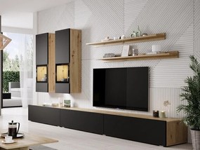 Mobilă pentru sufragerie Austin AS100Negru mat, Stejar Artisan, Cu comodă tv, Cu componente suplimentare, Părți separate, PAL laminat, Sticlă călită, 270x41cm