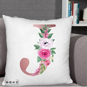 Cadou Personalizat - Perna Personalizata Monograma Rose Gold Litera J, 40x40 cm, Alb Pufos, Husa Detasabila, Perna Inclusa, BEKZ®
