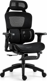 DOWINX H09 - Scaun Ergonomic, Suport lombar dublu reglabil, Tetieră 3D, Cotiere 3D, Înclinare 90°–135°, Suport picioare retractabil, Mesh, Negru