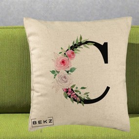 Cadou Personalizat - Perna Personalizata Monograma Florala Litera C, 40x40 cm, Bej, Husa Detasabila, Perna Inclusa, BEKZ®