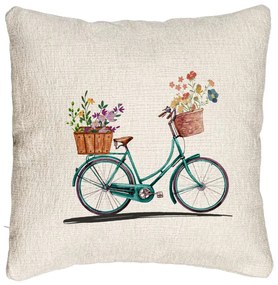 Perna Decorativa Canapea, Model Bicicleta Floarala, 40x40 cm, Cu fermoar