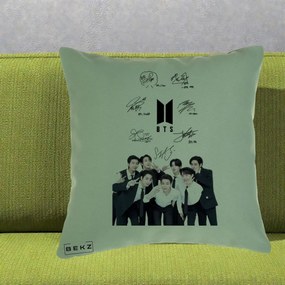 Perna Personalizata K-pop BTS Autografe Toti Membrii cu Fotografie, 40x40 cm, Verde, Husa Detasabila, Perna Inclusa, BEKZ®