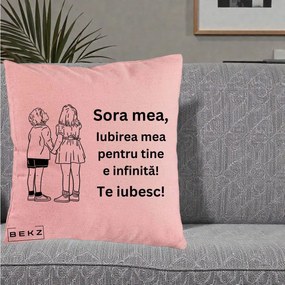 Cadou pentru Sora - Perna Personalizata Sora Mea Te Iubesc Copii Tinand Maini Line Art, 40x40 cm, Roz, Husa Detasabila, Perna Inclusa, BEKZ®