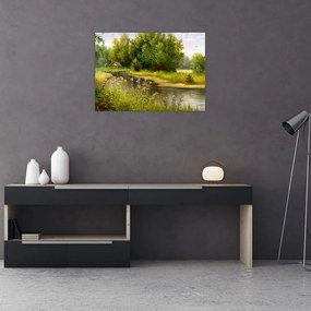 Tablou pe sticlă - Râu lângă pădure, pictură în ulei (70x50 cm)