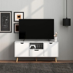 HOMCOM Mobilier TV de 50" cu Sertar, Raft Deschis și 2 Dulapuri, Mobilier TV cu 5 Picioare din Lemn, 110x40x50 cm, Alb | Aosom Romania