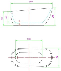 Cada baie freestanding alba, ovala, acril, 160 x 75 cm Florida Natalia P-160 1600x750 mm