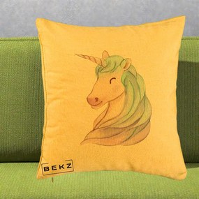 Perna Decorativa Unicorn Acuarela Pastel, 40x40 cm, Galben, Husa Detasabila, Perna Inclusa, BEKZ®