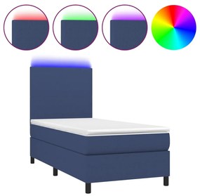 Pat cu arcuri, saltea si LED, albastru, 90x200 cm, textil Albastru, 90 x 200 cm, Design simplu