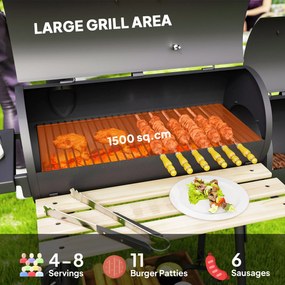 Outsunny Gratar de gradina cu capac si afumator, gratar pe carbune cu rafturi si roti 124x53x104cm, negru | AOSOM RO