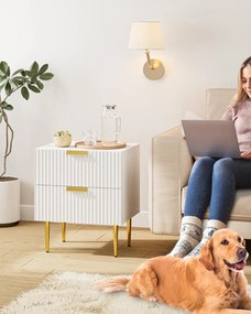 NOA62 - Set 2 Noptiere albe 50 cm, cu 2 sertare, dormitor - Alb-Auriu