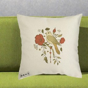 Perna Decorativa Pasare pe Ramura cu Maci, 40x40 cm, Ecru, Husa Detasabila, Perna Inclusa, BEKZ®