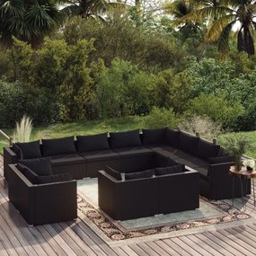 Set mobilier de gradina cu perne, 12 piese, negru, poliratan Negru, 7x colt + 5x mijloc, 1