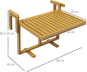 Outsunny Masă Suspendată de Exterior, Masă Reglabilă pentru Balustradă, Blat Suport cu Montare pe Perete, 68x65x40,5-55 cm, Tec | Aosom Romania