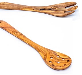 Set Genova furculita  si lingura cu gauri din lemn de maslin 30   35 cm