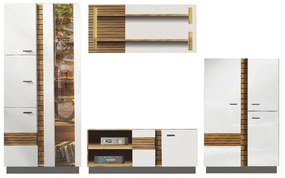Living VAL GARDENA Z.A., 4 corpuri, cu lumini LED, corp PAL nuc, fronturi MDF late lucios, 302x53x199 cm