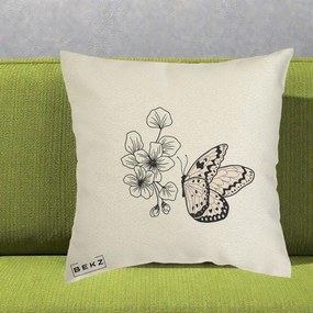 Perna Decorativa Fluture si Flori Linie Monocroma, 40x40 cm, Ecru, Husa Detasabila, Perna Inclusa, BEKZ®
