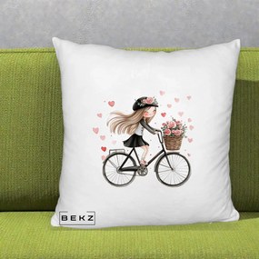 Perna Decorativa Fetita Kawaii pe Bicicleta cu Trandafiri si Inimioare, 40x40 cm, Alb Pufos, Husa Detasabila, Perna Inclusa, BEKZ®