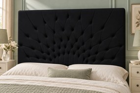 Pat tapițat Chesterfield din catifea Venezia 140×200 cm, negru, cu ladă de depozitare