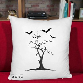 Perna Decorativa Halloween Copac cu Lilieci Alb-Negru, 40x40 cm, Alb Pufos, Husa Detasabila, Perna Inclusa, BEKZ®