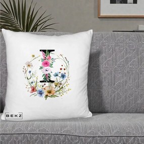 Cadou Personalizat - Perna Personalizata Monogram Litera I cu Flori Acuarela, 40x40 cm, Alb Pufos, Husa Detasabila, Perna Inclusa, BEKZ®